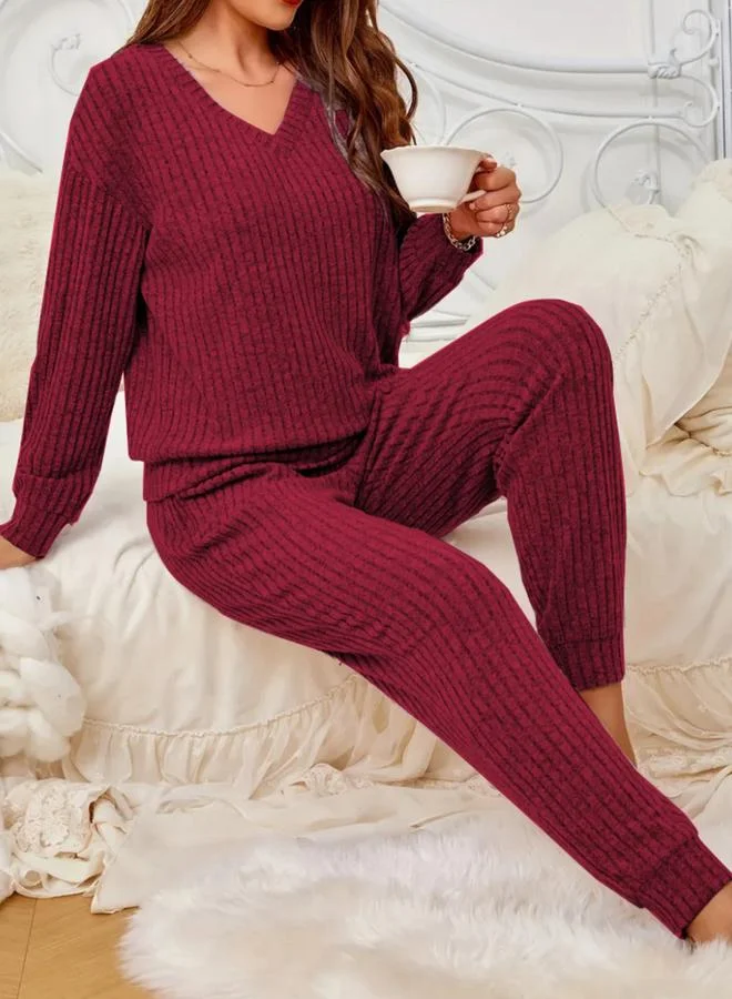 Take Two Burgundy Women Burgundy Ribbed Top and Pyjama Set for Women | Best Price UAE